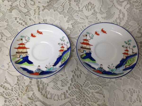 Antique Royal Worcester England Variant Gaudy Blue Willow 2Sets Demi Cup-Saucer