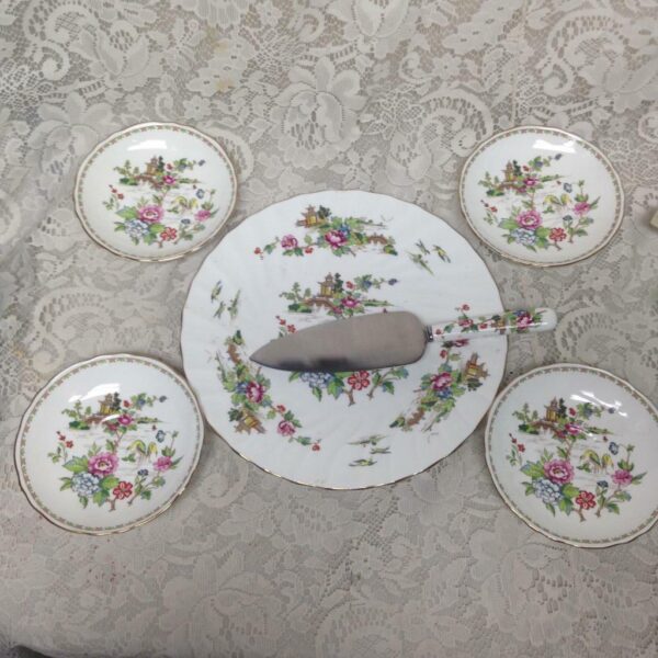 Vintage Crown Staffordshire Polychrome Gaudy BlueWillow 6pc Dessert Set