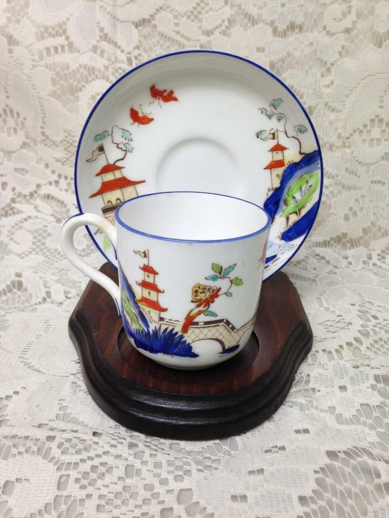 Antique Royal Worcester England,Variant Gaudy Blue Willow Demitasse Cup n Saucer