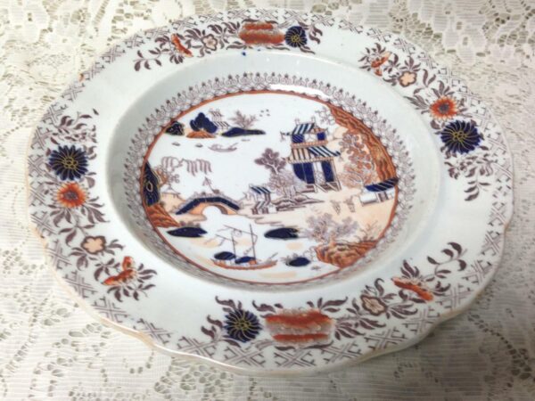 Antique, Masons Patent Ironstone, Variant Gaudy-Blue Willow, 9in W Deep Dish