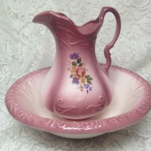 Vintage, Large, 12in H x 10in Pink Floral Pitcher With 16in Washbowl