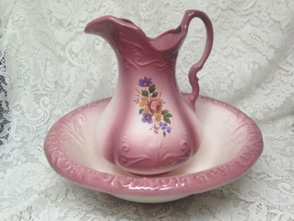 Vintage, Large, 12in H x 10in Pink Floral Pitcher With 16in Washbowl