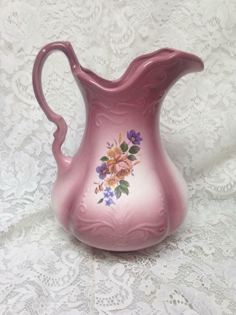 Vintage, Large, 12in H x 10in Pink Floral Pitcher With 16in Washbowl