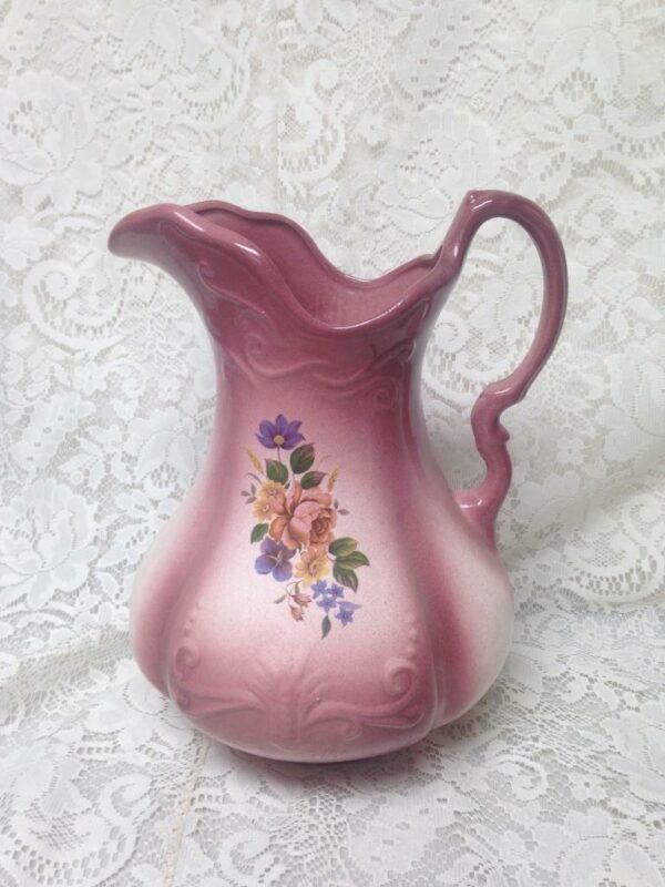 Vintage, Large, 12in H x 10in Pink Floral Pitcher With 16in Washbowl