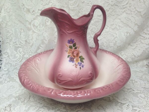 Vintage, Large, 12in H x 10in Pink Floral Pitcher With 16in Washbowl