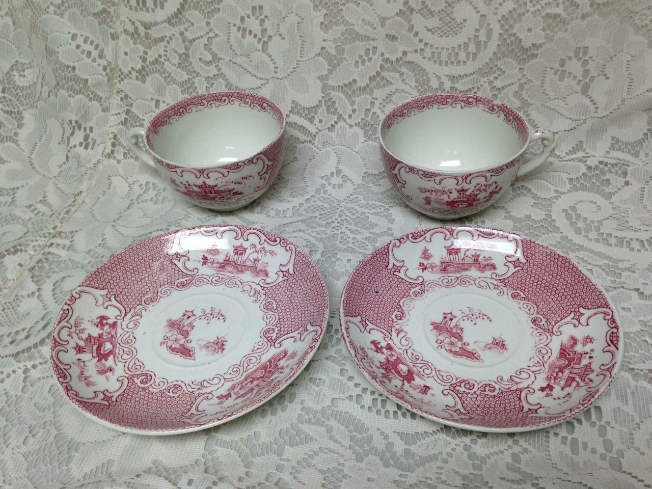 Vintage, Allerton, England, Variant Red Willow 2 Cups and 2 Saucers