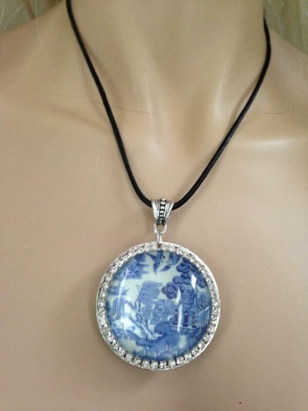 Beautiful, 45mm Blue Willow Brooch- Pendant Necklace with Rhinestones