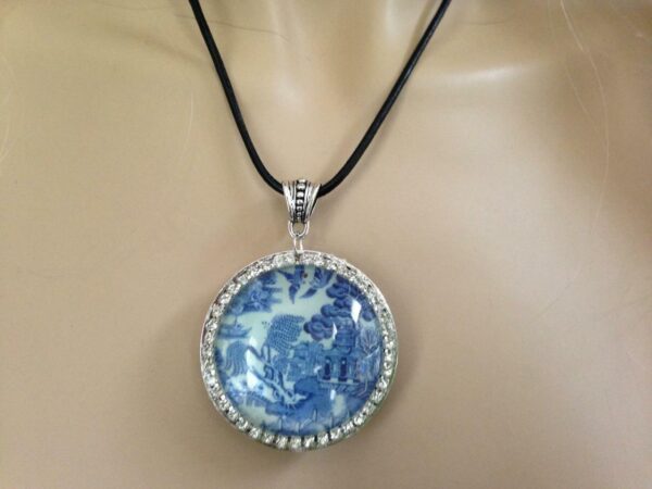 Beautiful, 45mm Blue Willow Brooch- Pendant Necklace with Rhinestones