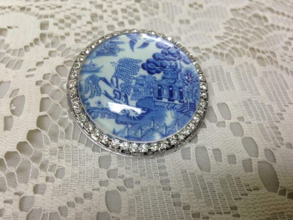 Beautiful, 45mm Blue Willow Brooch- Pendant Necklace with Rhinestones