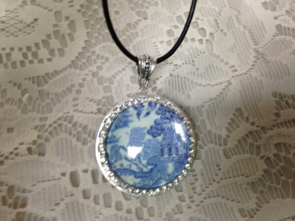 Beautiful, 45mm Blue Willow Brooch- Pendant Necklace with Rhinestones