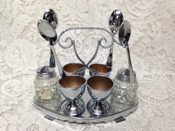 Vintage, Rare, England, 11-pc Classic Chrome, Egg Cups and Condiment Set