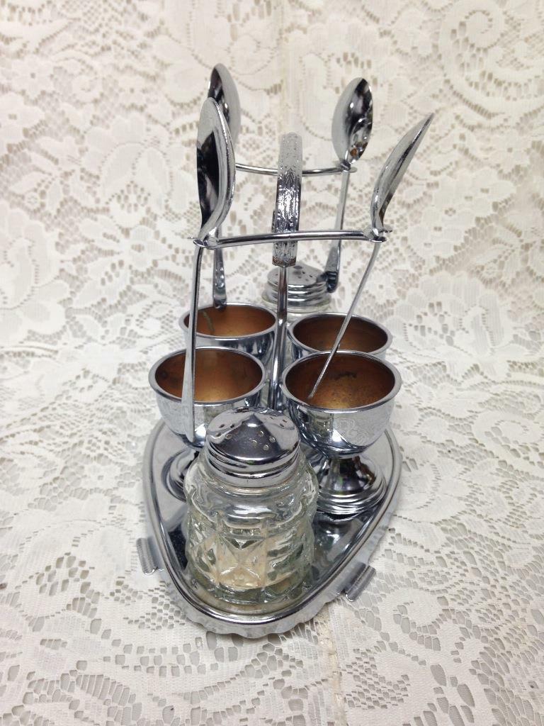 Vintage, Rare, England, 11-pc Classic Chrome, Egg Cups and Condiment Set