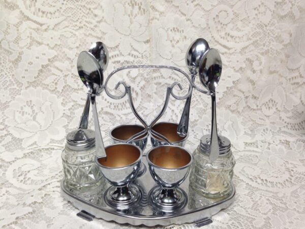 Vintage, Rare, England, 11-pc Classic Chrome, Egg Cups and Condiment Set