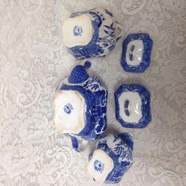 Vintage, Rare, 1911 Buffalo Pottery, 5-pc Blue Willow Tea Set