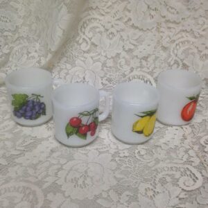 1950s, Glassbake 4pc Fruit Painted Milk Glass Mugs 3.5in H x 4.5in W