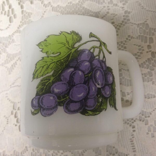 1950s, Glassbake 4pc Fruit Painted Milk Glass Mugs 3.5in H x 4.5in W