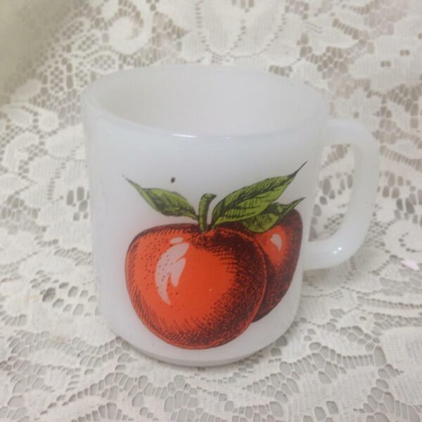 1950s, Glassbake 4pc Fruit Painted Milk Glass Mugs 3.5in H x 4.5in W