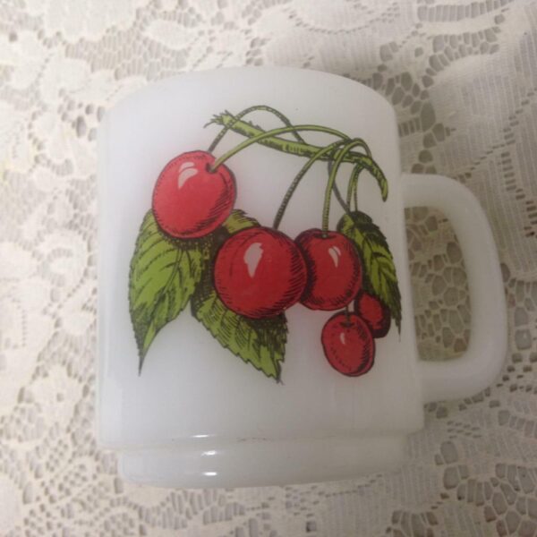 1950s, Glassbake 4pc Fruit Painted Milk Glass Mugs 3.5in H x 4.5in W