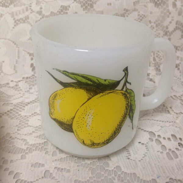 1950s, Glassbake 4pc Fruit Painted Milk Glass Mugs 3.5in H x 4.5in W