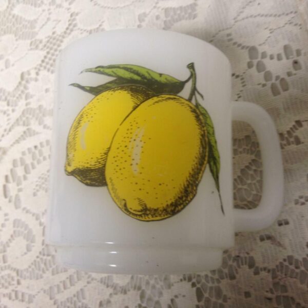 1950s, Glassbake 4pc Fruit Painted Milk Glass Mugs 3.5in H x 4.5in W