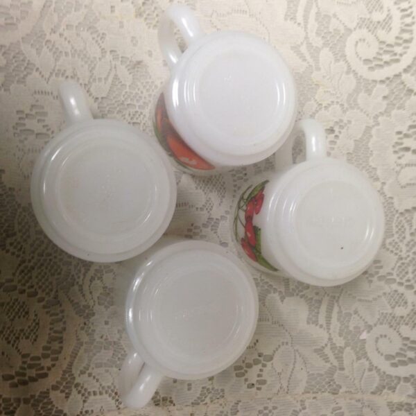1950s, Glassbake 4pc Fruit Painted Milk Glass Mugs 3.5in H x 4.5in W