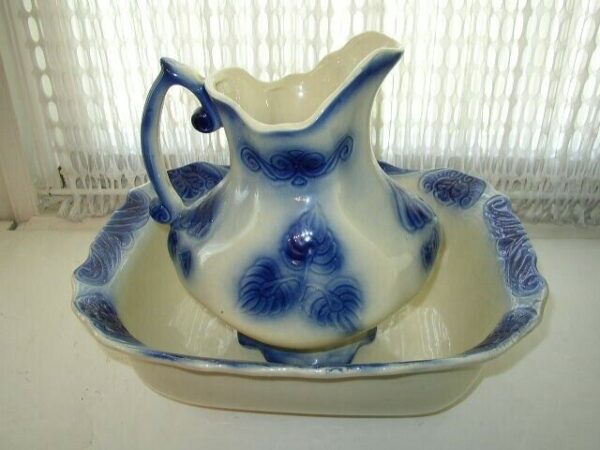 Vintage, Rare, Large, Flow Blue Pitcher and Bowl Set