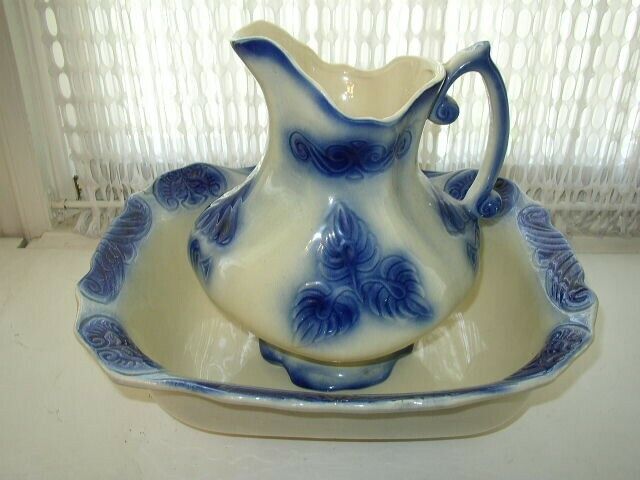 Vintage, Rare, Large, Flow Blue Pitcher and Bowl Set