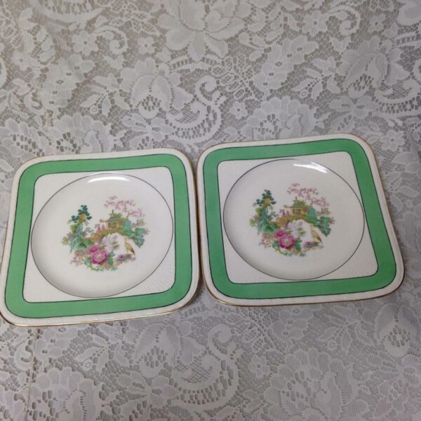 Vintage, Rare, Myott, England,Variant 2pc Green Trim Gaudy Blue Willow 8in Plate