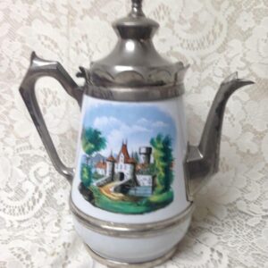 Antique, Manning and Bowman, Enamelware-Pewter Teapot 11.5in H x 10 x in W x 6in