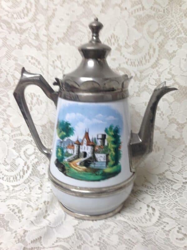 Antique, Manning and Bowman, Enamelware-Pewter Teapot 11.5in H x 10 x in W x 6in