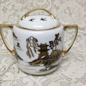 Antique, Nippon, Variant, Gaudy Blue Willow, 2pc Tea Jar or Sugar Bowl 5in x 6in