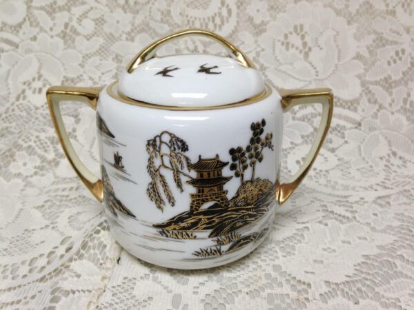 Antique, Nippon, Variant, Gaudy Blue Willow, 2pc Tea Jar or Sugar Bowl 5in x 6in