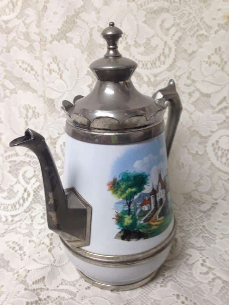 Antique, Manning and Bowman, Enamelware-Pewter Teapot 11.5in H x 10 x in W x 6in