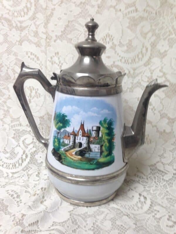 Antique, Manning and Bowman, Enamelware-Pewter Teapot 11.5in H x 10 x in W x 6in