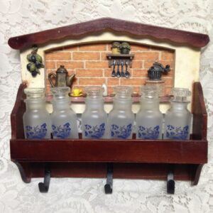 Vintage, Japan, 6pc Blue Willow Glass Spice Jars with Figural Wooden Rack