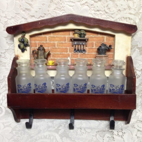 Vintage, Japan, 6pc Blue Willow Glass Spice Jars with Figural Wooden Rack