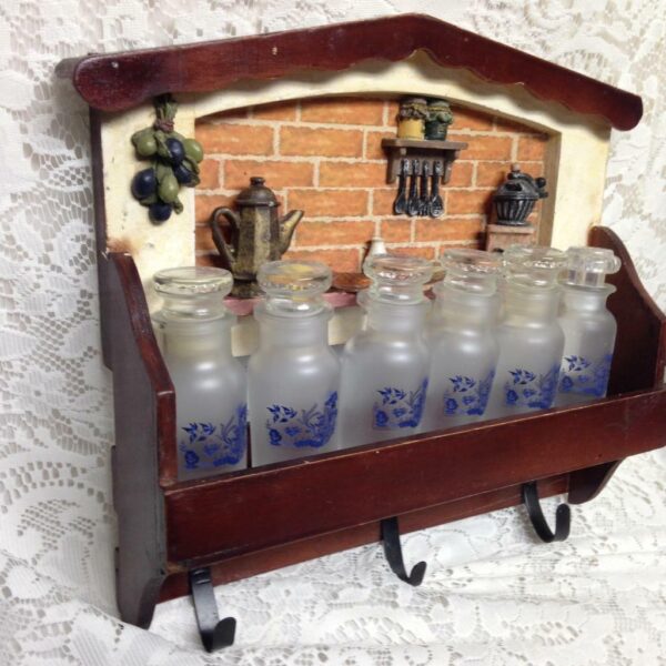 Vintage, Japan, 6pc Blue Willow Glass Spice Jars with Figural Wooden Rack