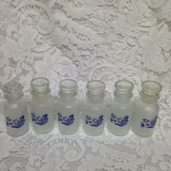 Vintage, Japan, 6pc Blue Willow Glass Spice Jars with Figural Wooden Rack