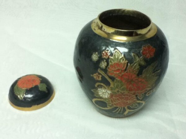 Vintage, Beautiful, 5.5in x 4.5in Red Floral Cloissone’ Jar