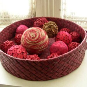 Handcrafted, Burgundy 2-Handled 15" Wide Fruit Basket with Decorative Balls