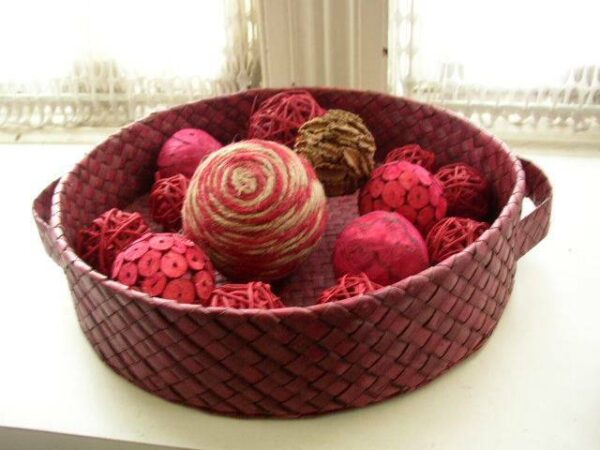 Handcrafted, Burgundy 2-Handled 15" Wide Fruit Basket with Decorative Balls