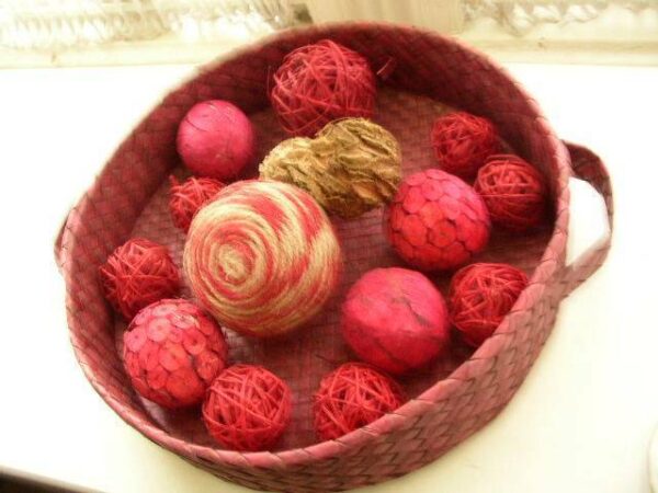 Handcrafted, Burgundy 2-Handled 15" Wide Fruit Basket with Decorative Balls