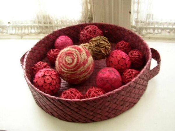 Handcrafted, Burgundy 2-Handled 15" Wide Fruit Basket with Decorative Balls