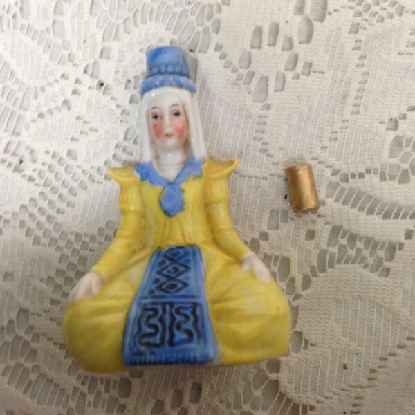 Vintage, Germany, 2pc Lady in Yellow Ceramic Snuff Bottle 3.5in H