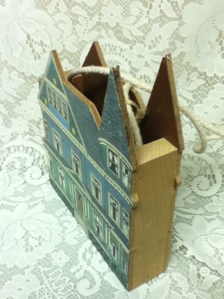 Vintage, Blue Victorian House Wooden Bills or Mail Box 9.5in x 8in x 2in