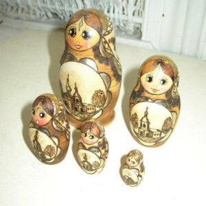 Vintage, Russian Lady, Etched Wood, 5 in 1 Nesting Dolls