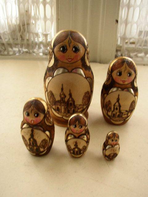 Vintage, Russian Lady, Etched Wood, 5 in 1 Nesting Dolls