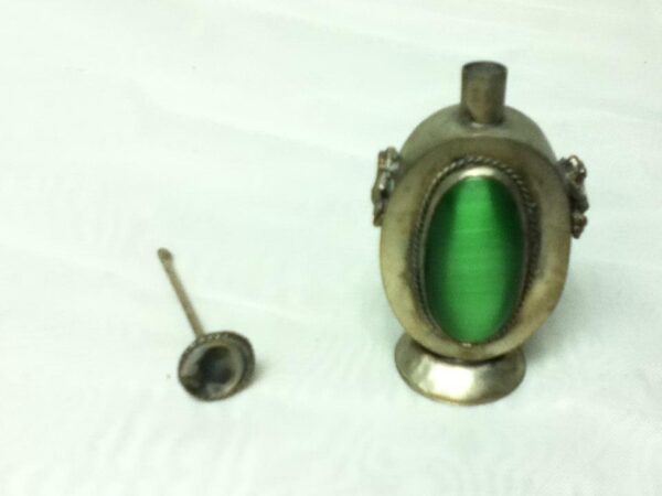 Vintage, Green and Silver Tone Snuff Bottle 2.5in H x 1.5in W