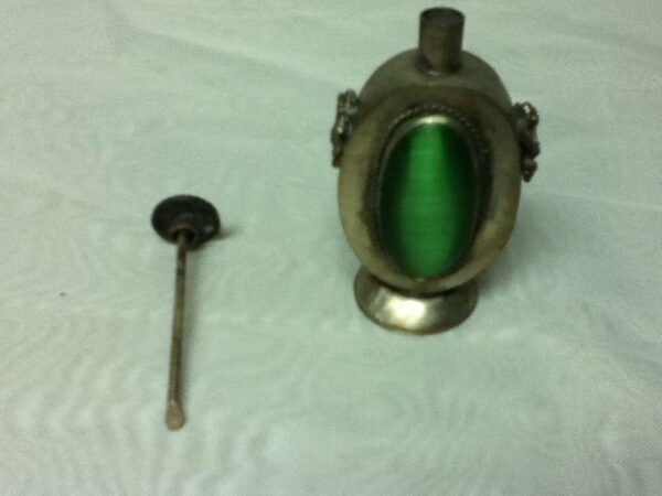 Vintage, Green and Silver Tone Snuff Bottle 2.5in H x 1.5in W