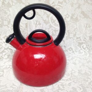 Vintage, Red Enamelware Teapot or Tea Kettle 9.5in T x 8in D